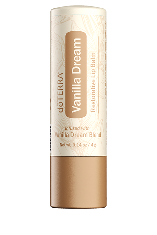 Baume à lèvres restaurateur Vanilla Dream doTERRA en tube, avec design beige et floral ton sur ton.
