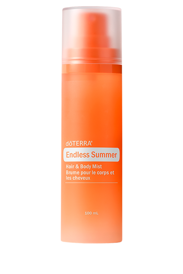 Brume cheveux et corps Endless Summer de doTERRA, flacon vaporisateur orange de 100 ml avec capuchon translucide.