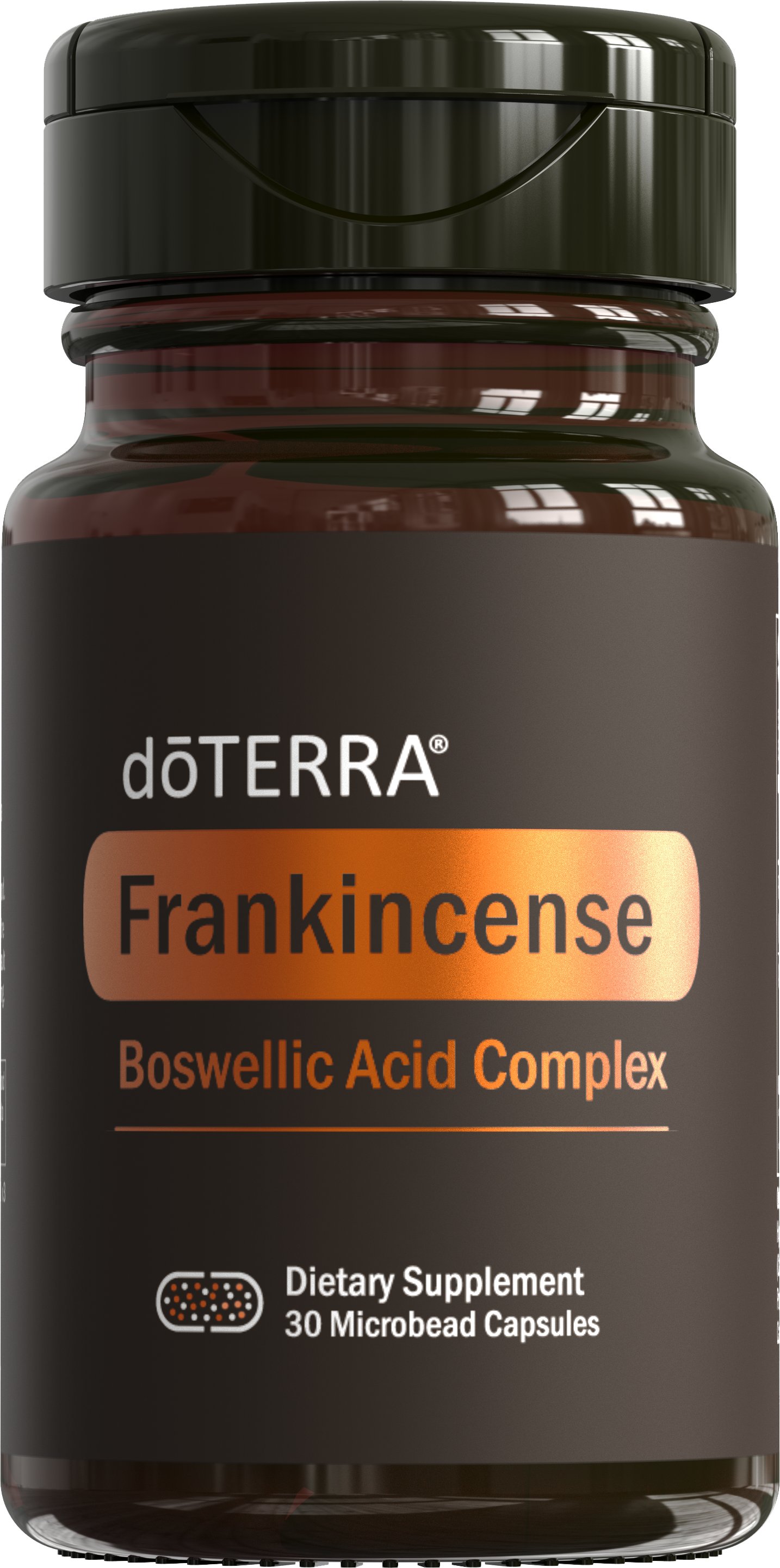 Complexe d’encens de doTERRA, flacon noir contenant 30 capsules microbilles.