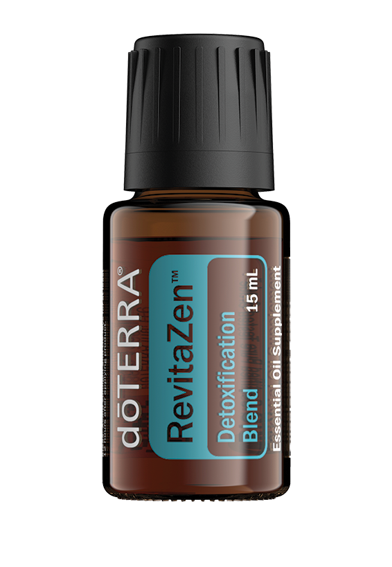 Bouteille de 15 ml doTERRA RevitaZen, synergie pour la détoxification, étiquette turquoise, bouchon noir.