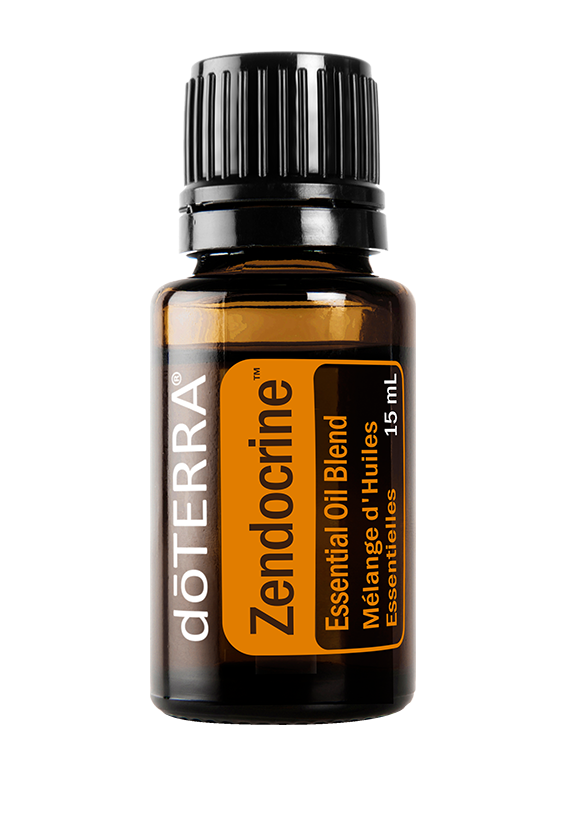Bouteille de 15 ml doTERRA Zendocrine, mélange d’huiles essentielles, étiquette orange et bouchon noir.