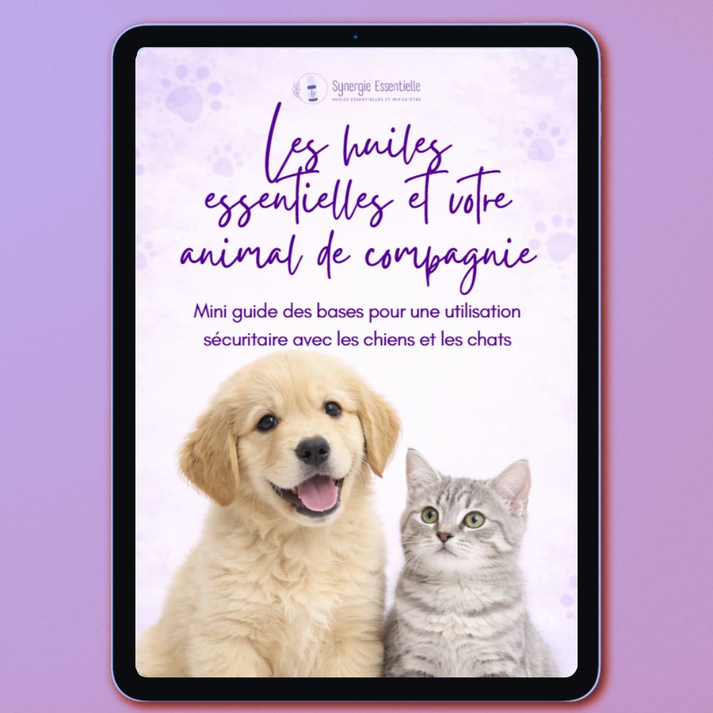 Couverture d’un ebook sur les huiles essentielles pour les animaux de compagnie, affichée sur une tablette avec un chiot et un chat.