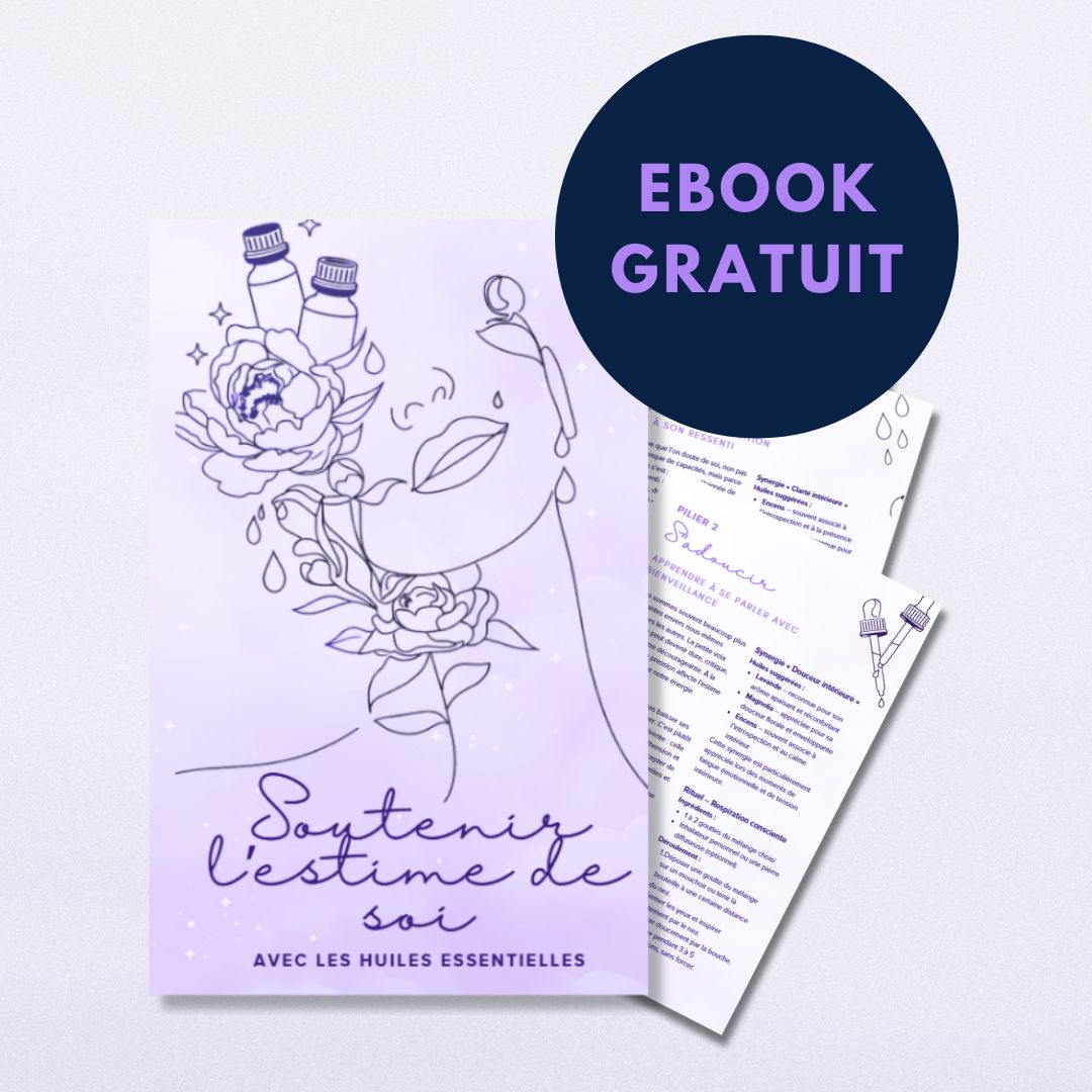 Visuel d’un ebook gratuit sur l’estime de soi avec les huiles essentielles, montrant la couverture et une page intérieure.