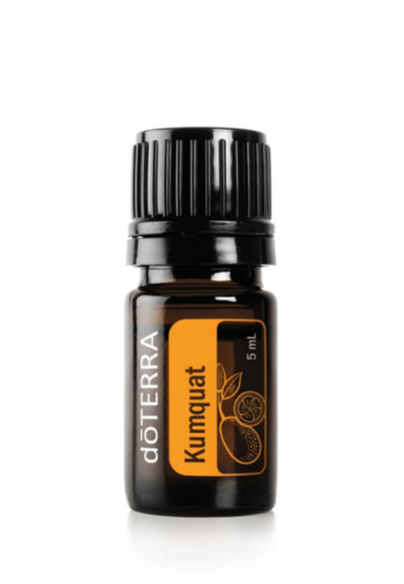 Huile de Kumquat doTERRA 5 ml, petit flacon ambré avec étiquette orange et bouchon noir.