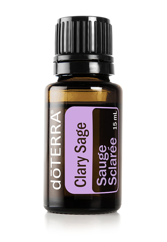 Huile de sauge sclarée doTERRA 15 ml, flacon ambré avec étiquette mauve et bouchon noir.