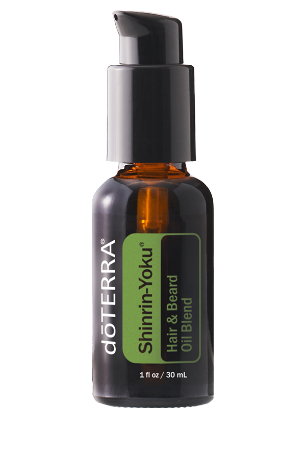 Huile pour cheveux et barbe Shinrin-Yoku de doTERRA, flacon-pompe ambré de 30 ml avec étiquette verte.