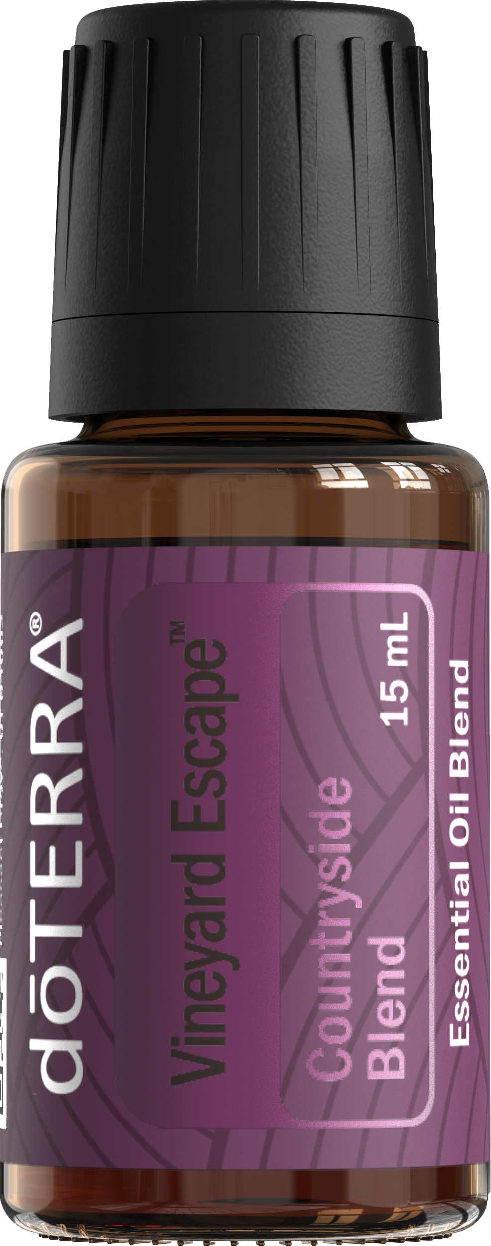 Huile Vineyard Escape de doTERRA 15 ml, flacon ambré avec étiquette mauve et bouchon noir.
