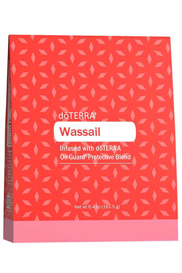 Mélange pour boisson Wassail de doTERRA infusé au mélange On Guard, boîte rouge de 181,5 g décorée de motifs festifs.