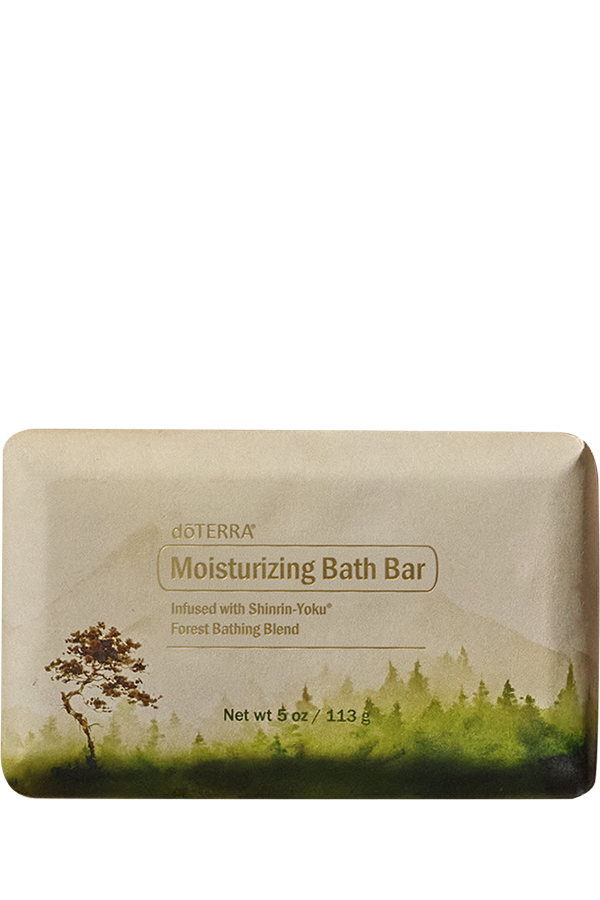 Pain de bain hydratant Shinrin-Yoku de doTERRA, savon de 113 g dans un emballage beige illustré d’une forêt.