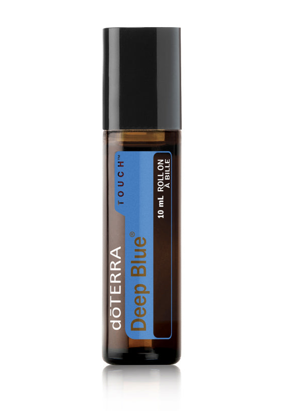 Rouleau à bille Deep Blue Touch doTERRA 10 ml, flacon ambré avec étiquette bleue et bouchon noir.