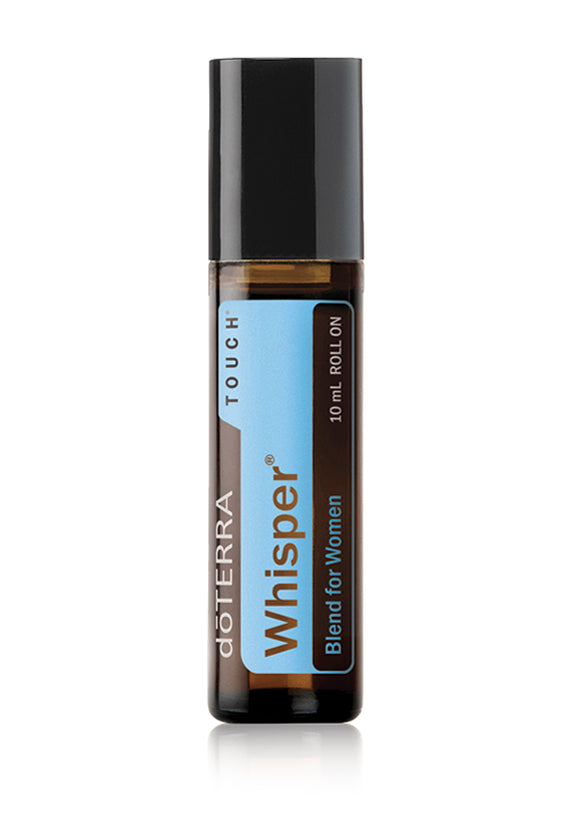 Rouleau à bille Whisper Touch doTERRA 10 ml, flacon ambré avec étiquette bleu pâle et bouchon noir.