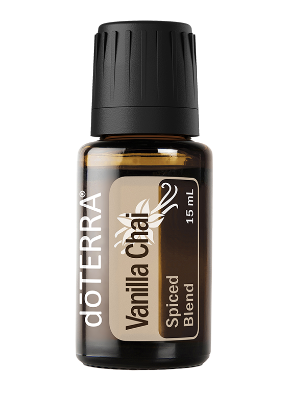 Bouteille de 15 ml de la synergie Vanilla Chai épicée doTERRA, flacon ambré avec étiquette beige et bouchon noir.