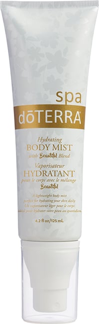 Vaporisateur hydratant spa doTERRA Beautiful 125 ml, tube blanc avec bouchon transparent et accents dorés.
