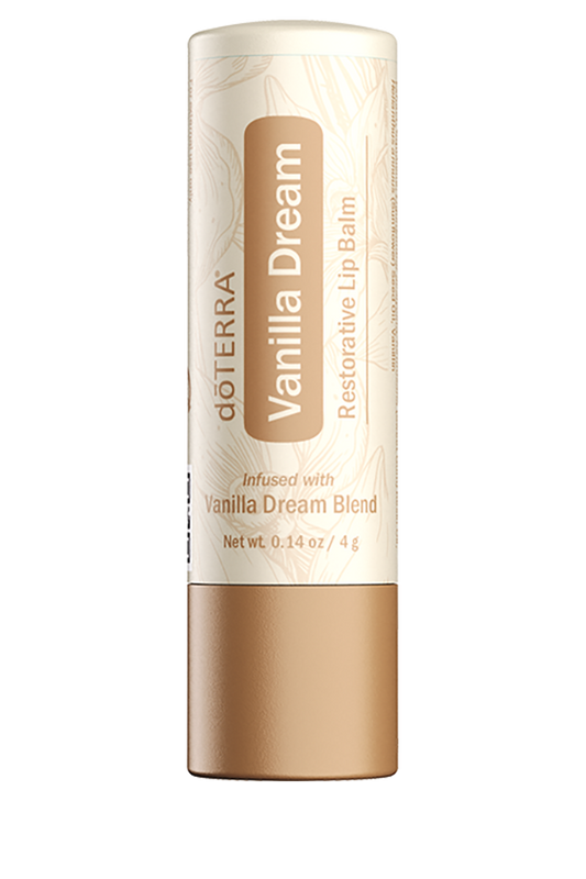Baume à lèvres restaurateur Vanilla Dream doTERRA en tube, avec design beige et floral ton sur ton.