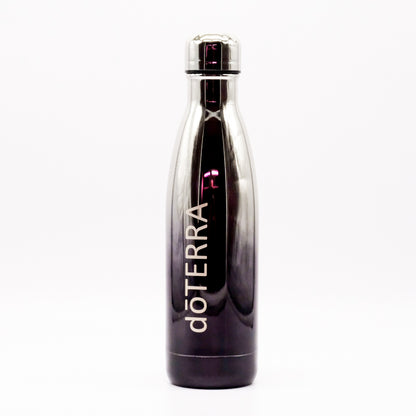 Bouteille isotherme en métal noir doTERRA avec fini brillant et bouchon vissé.