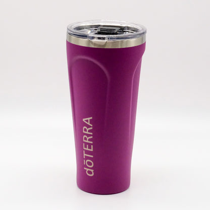 Bouteille isotherme violet doTERRA avec couvercle transparent et rebord en acier inoxydable.