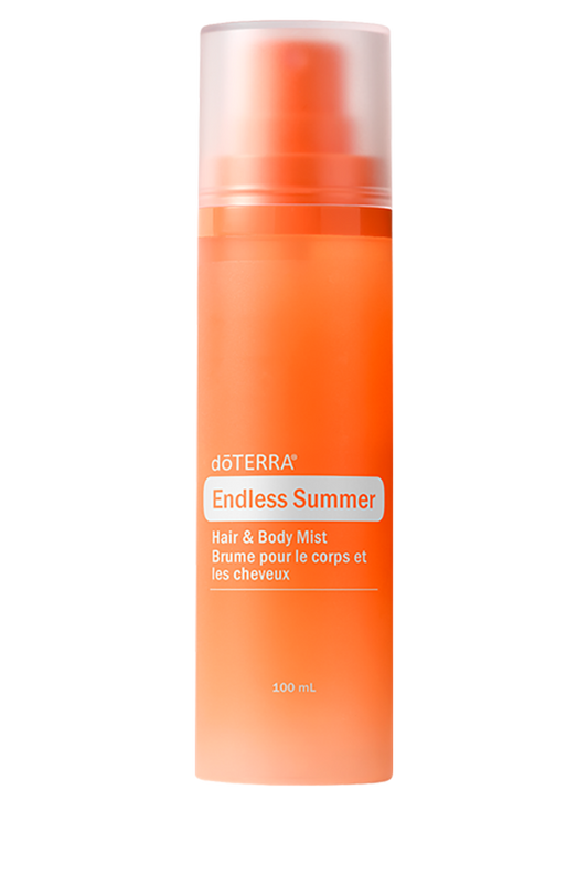 Brume cheveux et corps Endless Summer de doTERRA, flacon vaporisateur orange de 100 ml avec capuchon translucide.