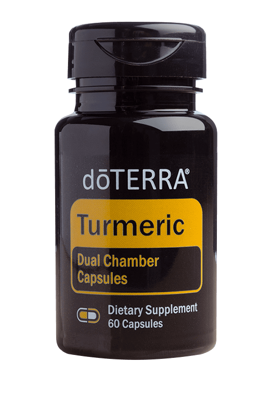 Bouteille de capsules de curcuma doTERRA à double compartiment, format 60 capsules, avec étiquette jaune et noire.