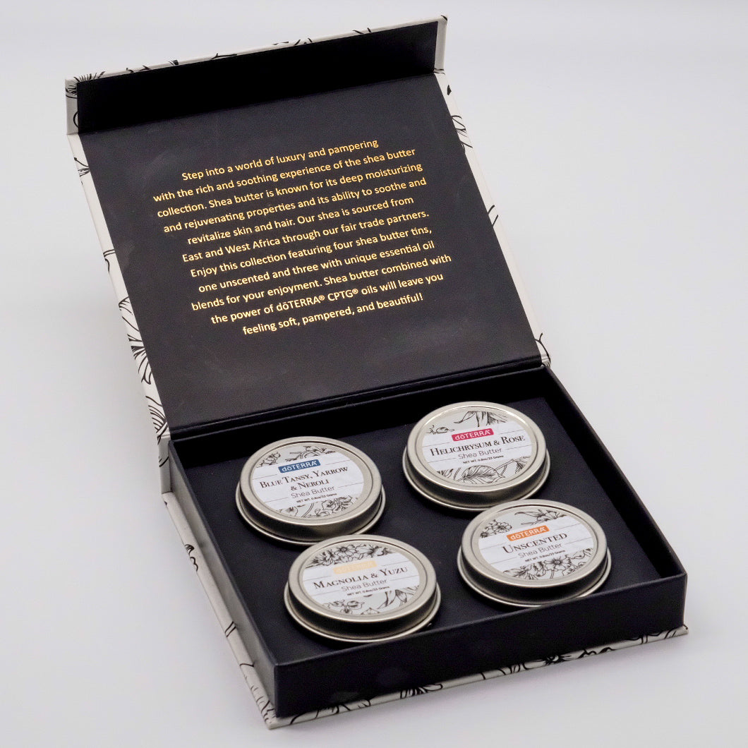 Coffret ouvert de la collection beurre de karité doTERRA contenant quatre baumes : Blue Tansy, Yarrow & Neroli, Helichrysum & Rose, Magnolia & Yuzu, et une version sans parfum.