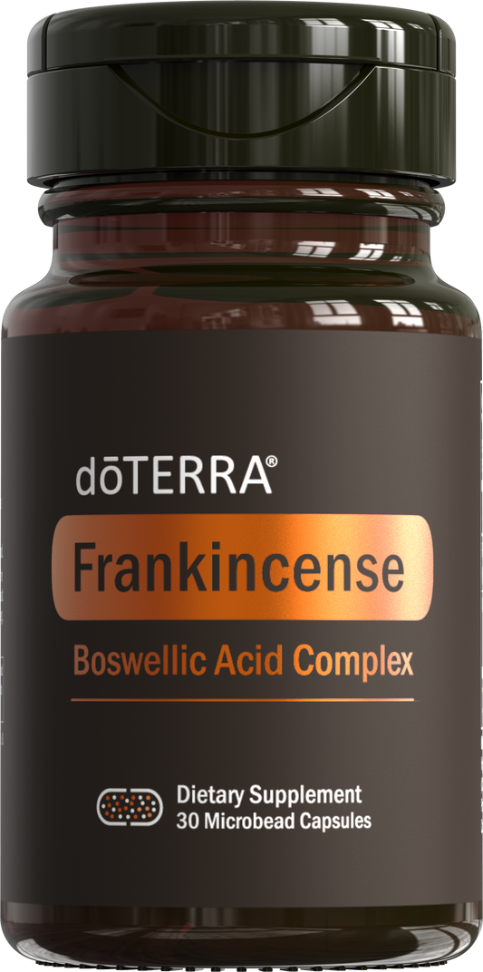 Complexe d’encens de doTERRA, flacon noir contenant 30 capsules microbilles.