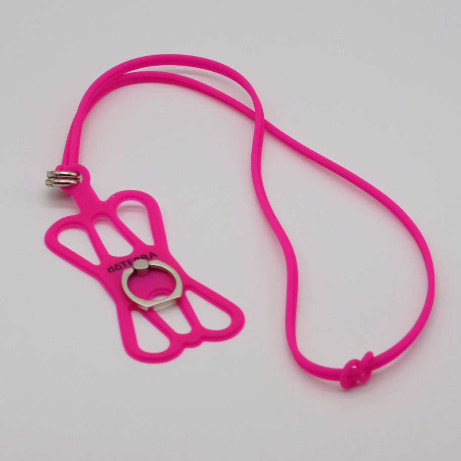 Cordon en silicone rose pour téléphone cellulaire doTERRA, avec attache souple, anneau métallique et cordon assorti.