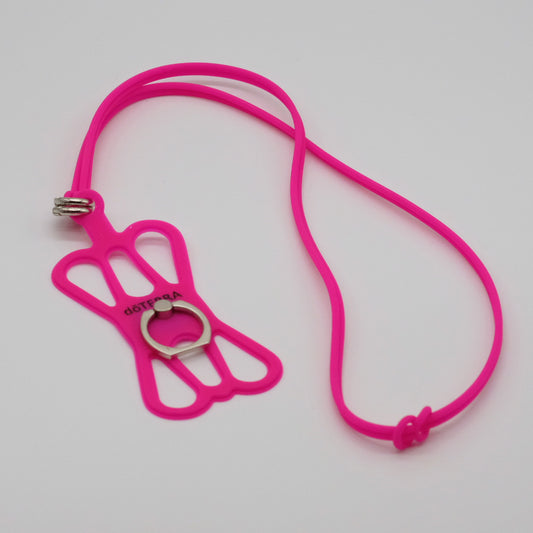 Cordon en silicone rose pour téléphone cellulaire doTERRA, avec attache souple, anneau métallique et cordon assorti.