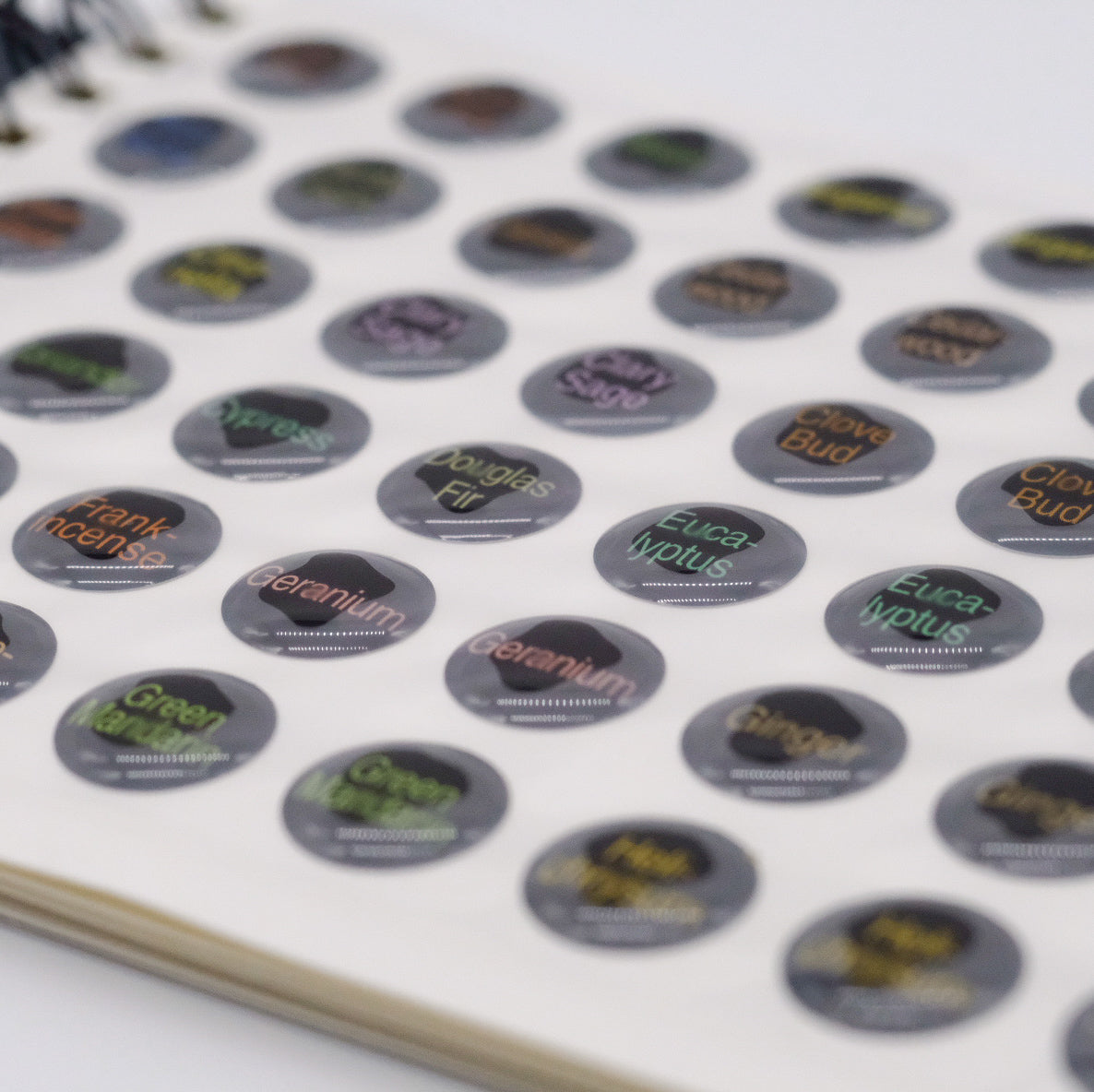 Gros plan sur une page du livret de collants en époxy doTERRA, montrant plusieurs autocollants ronds pour identifier les bouchons d’huiles essentielles.
