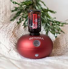 Diffuseur rouge doTERRA avec une huile Holiday Love, présenté dans une ambiance douce avec branche de sapin en arrière-plan.