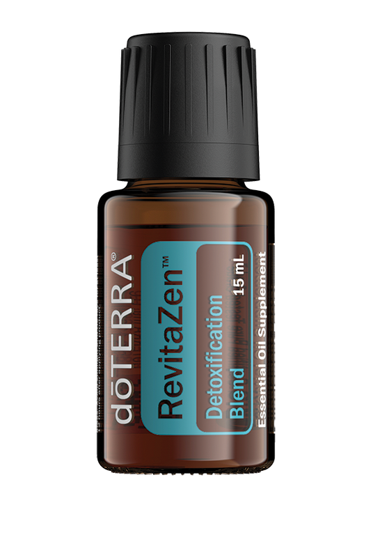 Bouteille de 15 ml doTERRA RevitaZen, synergie pour la détoxification, étiquette turquoise, bouchon noir.