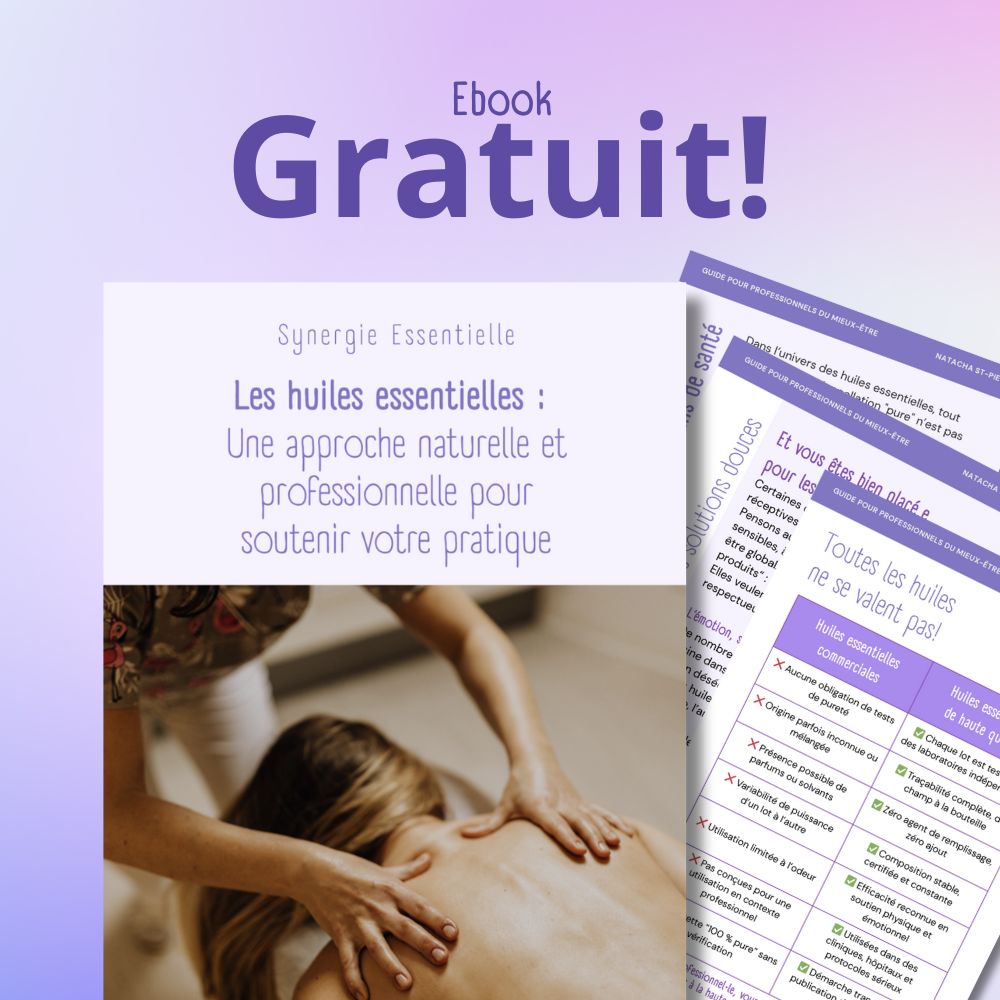 Visuel promotionnel d’un ebook gratuit sur les huiles essentielles pour les professionnels du mieux-être, avec couverture et pages intérieures.