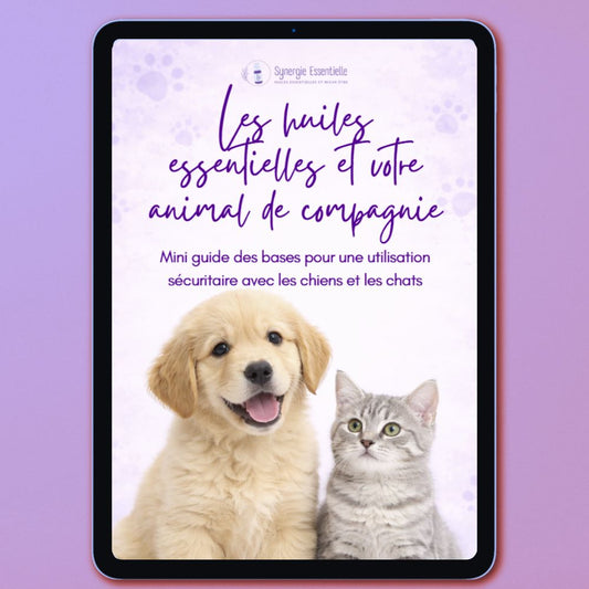 Couverture d’un ebook sur les huiles essentielles pour les animaux de compagnie, affichée sur une tablette avec un chiot et un chat.