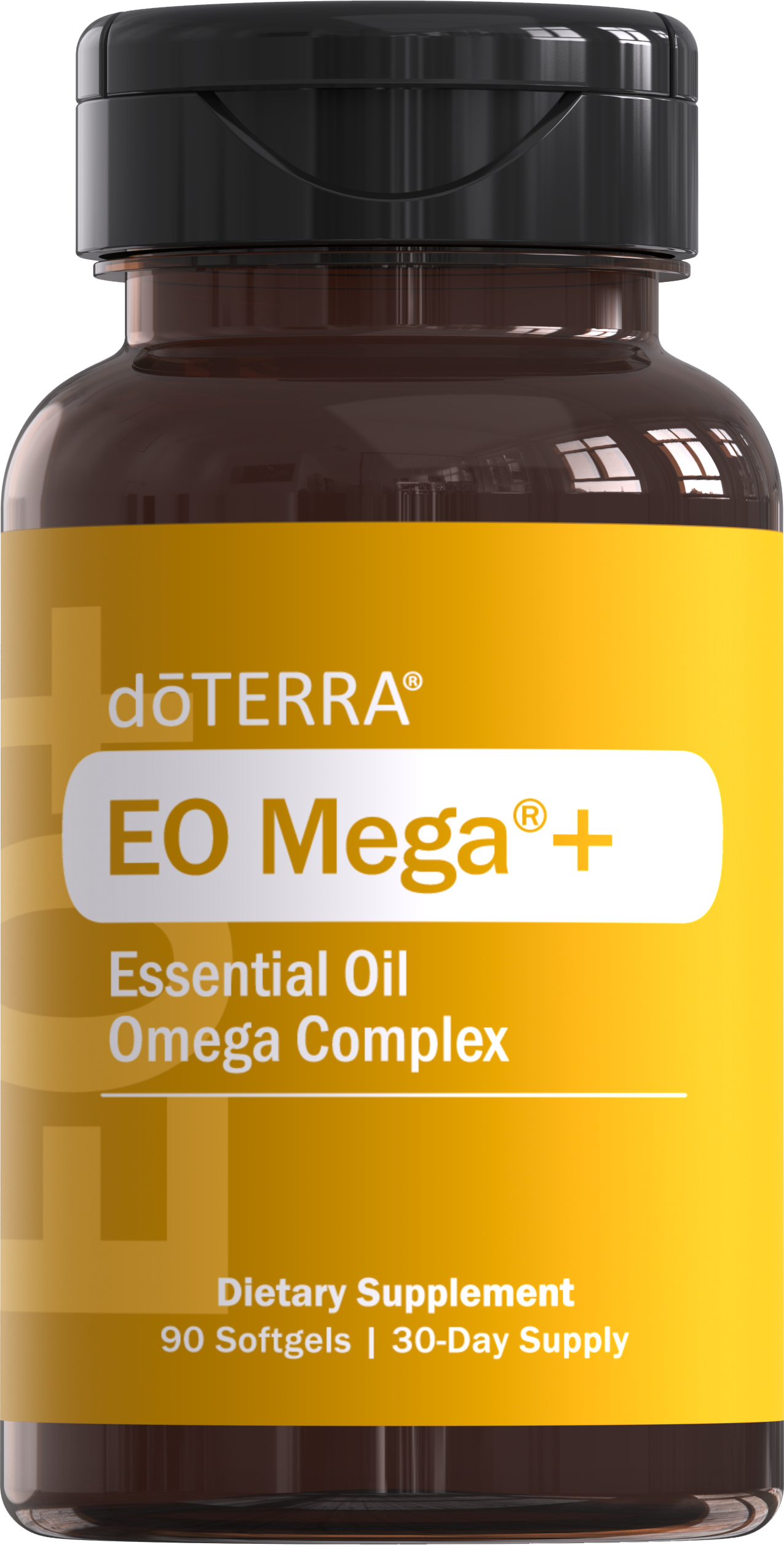 EO Mega de doTERRA, flacon de supplément contenant 90 gélules avec étiquette jaune.