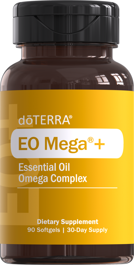 EO Mega de doTERRA, flacon de supplément contenant 90 gélules avec étiquette jaune.