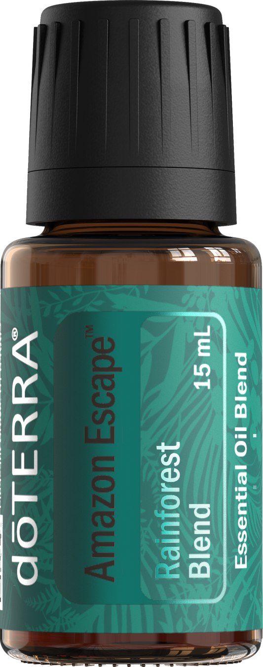 Huile Amazon Escape de doTERRA 15 ml, flacon ambré avec étiquette vert sarcelle.