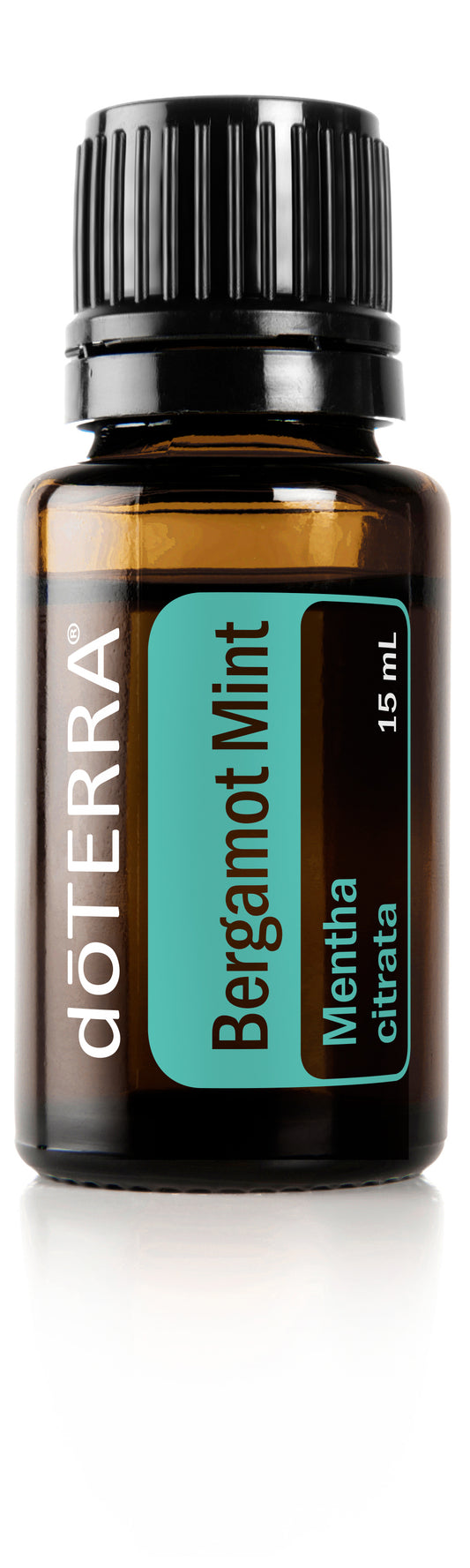 Huile de Bergamot Mint doTERRA 15 ml, flacon ambré avec étiquette turquoise et bouchon noir.