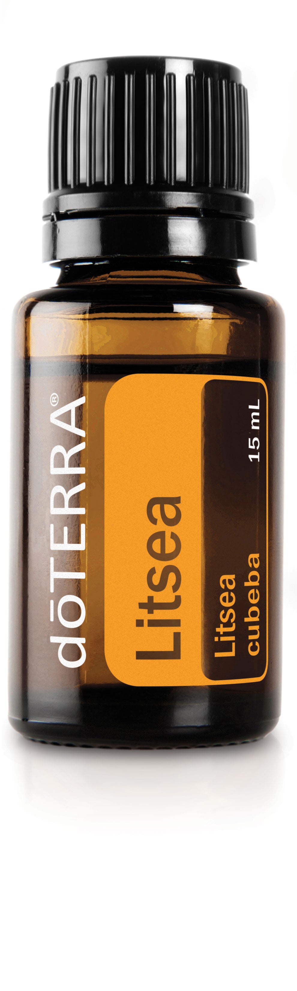Huile de Litsea doTERRA 15 ml, flacon ambré avec étiquette orange et bouchon noir.