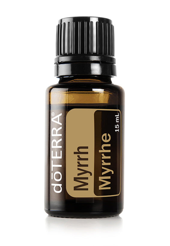 Huile de Myrrhe doTERRA 15 ml, flacon ambré avec étiquette beige et bouchon noir.