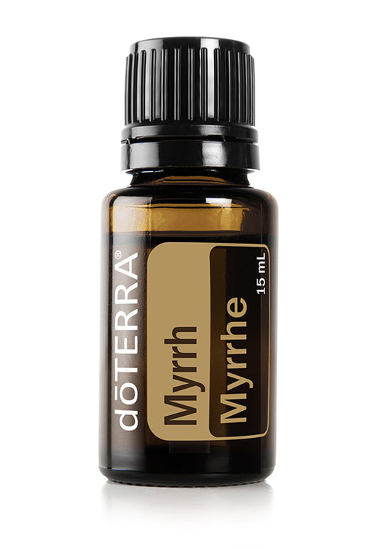 Huile de Myrrhe doTERRA 15 ml, flacon ambré avec étiquette beige et bouchon noir.