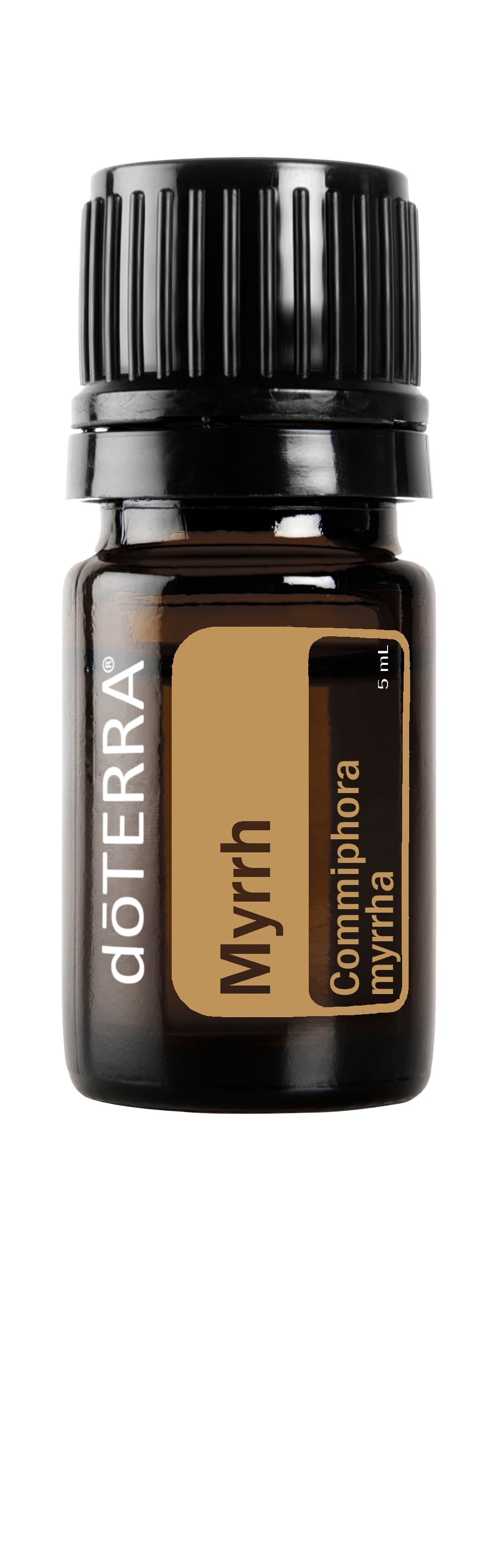 Huile de Myrrhe doTERRA 5 ml, petit flacon ambré avec étiquette beige et bouchon noir.