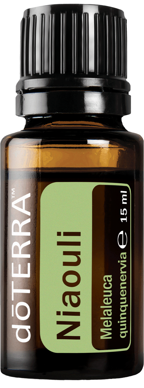 Huile de Niaouli doTERRA 15 ml, flacon ambré avec étiquette vert pâle et bouchon noir.