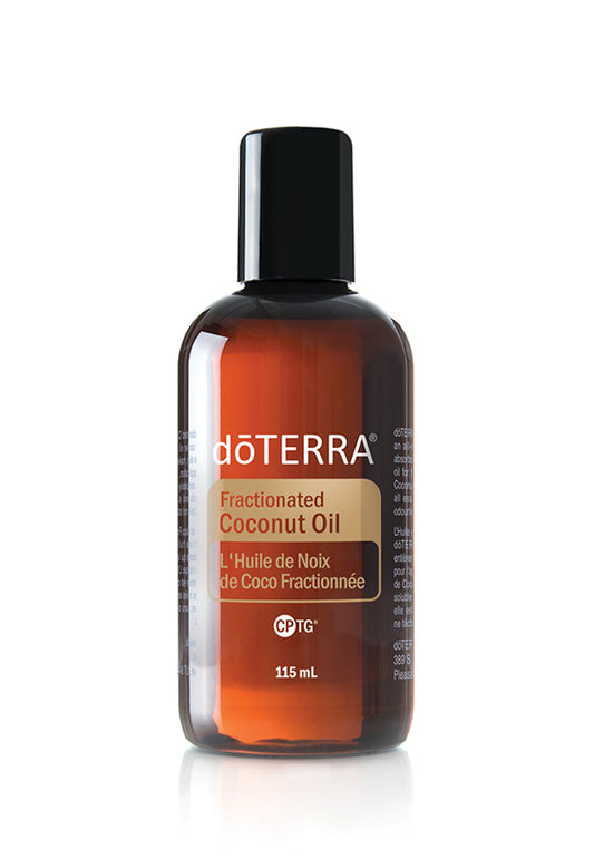 Huile de noix de coco fractionnée doTERRA 115 ml, flacon ambré avec bouchon noir.