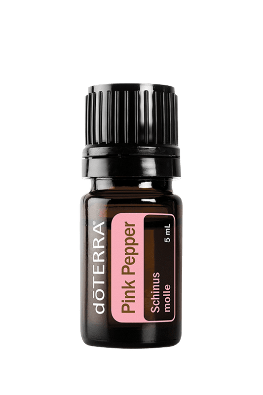 Huile de Poivre rose doTERRA 5 ml, petit flacon ambré avec étiquette rose et bouchon noir.