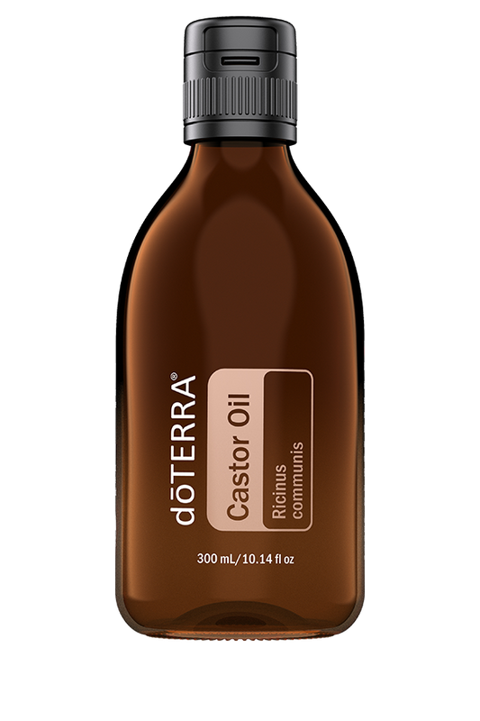 Bouteille de 300 ml d’huile de ricin doTERRA, flacon ambré avec bouchon noir rabattable.