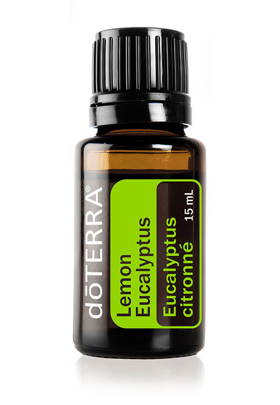 Huile d’Eucalyptus Citronné doTERRA 15 ml, flacon ambré avec étiquette verte et bouchon noir.