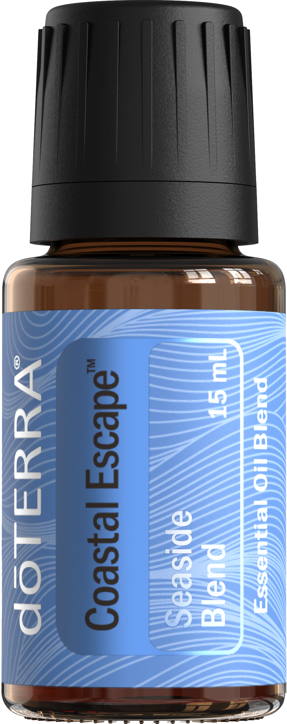Huile Seaside Escape de doTERRA 15 ml, flacon ambré avec étiquette bleu pâle.