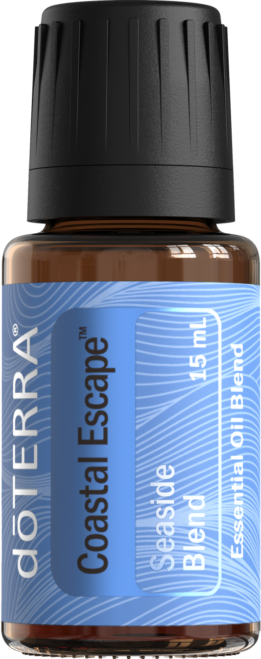 Huile Seaside Escape de doTERRA 15 ml, flacon ambré avec étiquette bleu pâle.