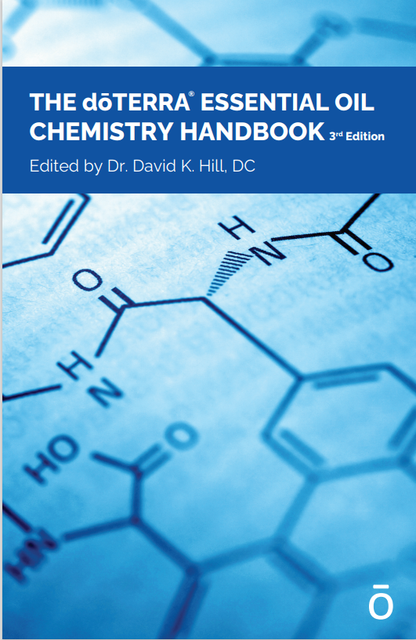 Couverture du livre The doTERRA Essential Oil Chemistry Handbook, 3e édition, avec fond bleu illustré de structures chimiques.
