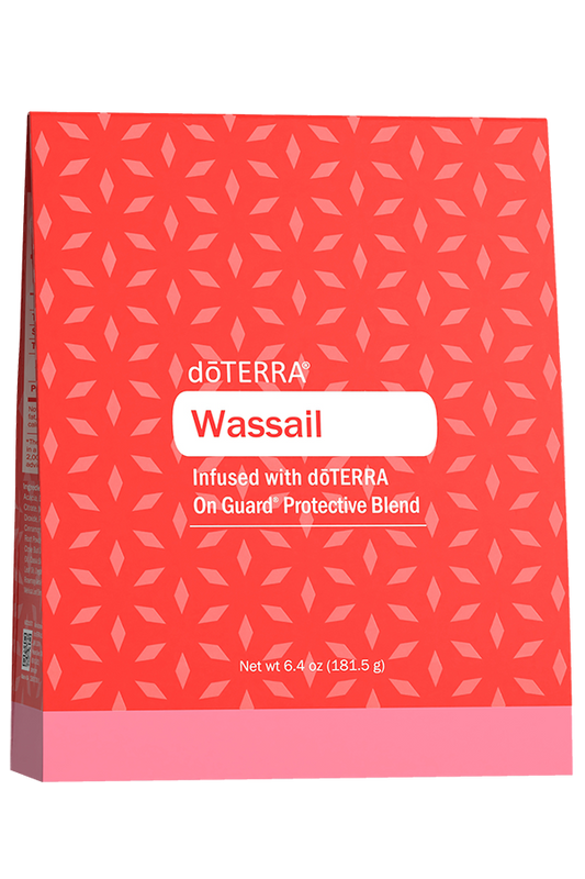 Mélange pour boisson Wassail de doTERRA infusé au mélange On Guard, boîte rouge de 181,5 g décorée de motifs festifs.