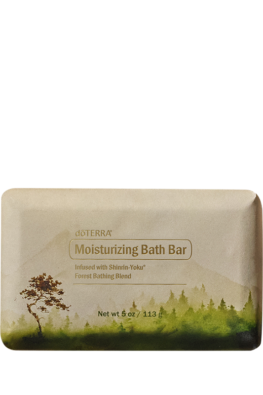 Pain de bain hydratant Shinrin-Yoku de doTERRA, savon de 113 g dans un emballage beige illustré d’une forêt.