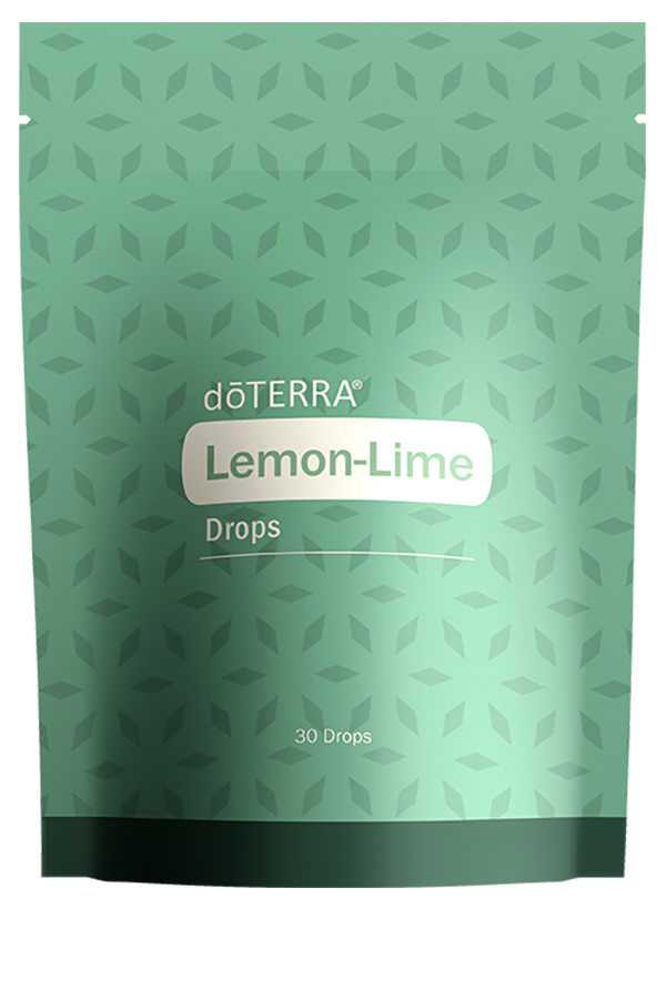 Sachet de pastilles citron-lime doTERRA, format de 30 pastilles, emballage vert à motif géométrique.